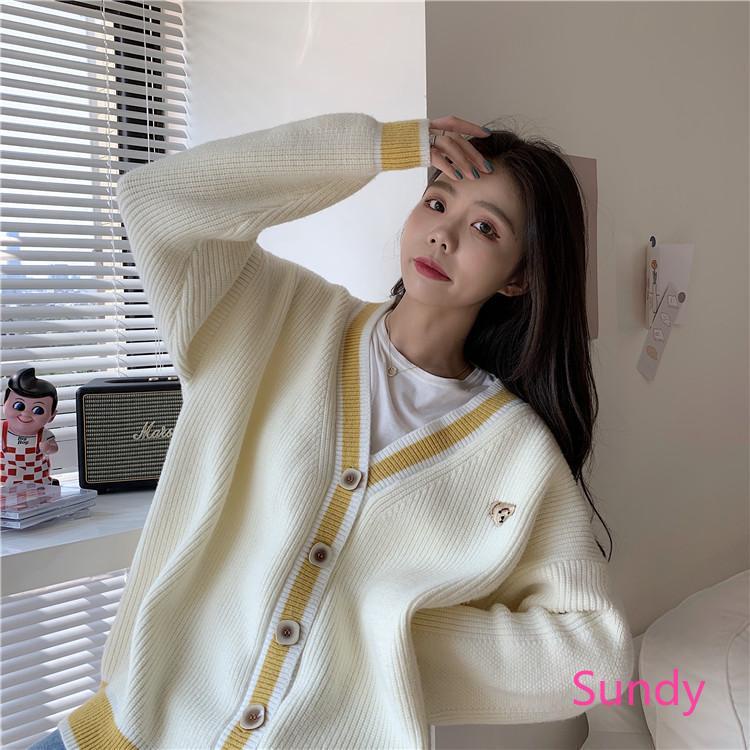 Áo khoác cardigan dệt kim tay dài cổ chữ V thêu họa tiết gấu phong cách Hàn Quốc thời trang mùa thu cho nữ