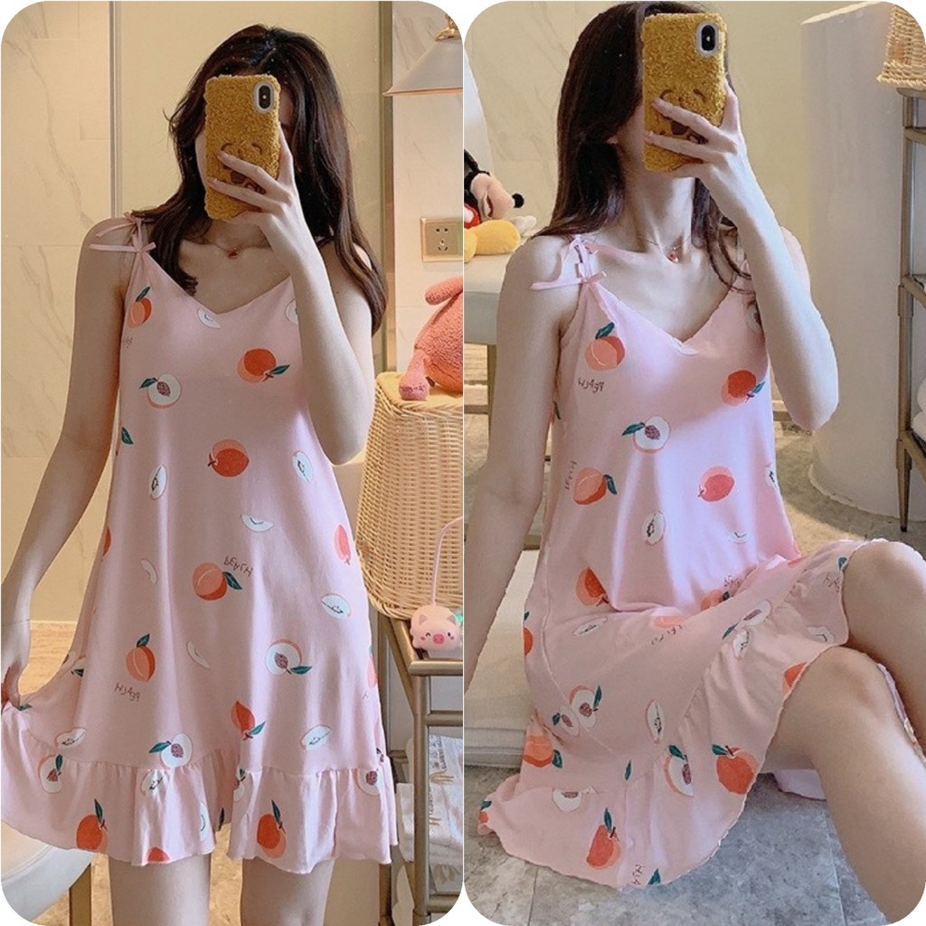 Váy ngủ 2 dây chất thun siêu mát, có đệm ngực và bịt mắt mặc nhà mặc đi ngủ, bầu bí bon chen thoải mái VN HT80