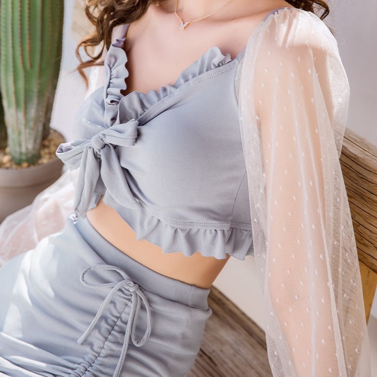 Áo bơi nữ 2 mảnh liền kín đáo Louro, kiểu bikini đi biển tay ngắn chun eo tay bồng phong cách đồ bơi hàn quốc - SW06 | BigBuy360 - bigbuy360.vn