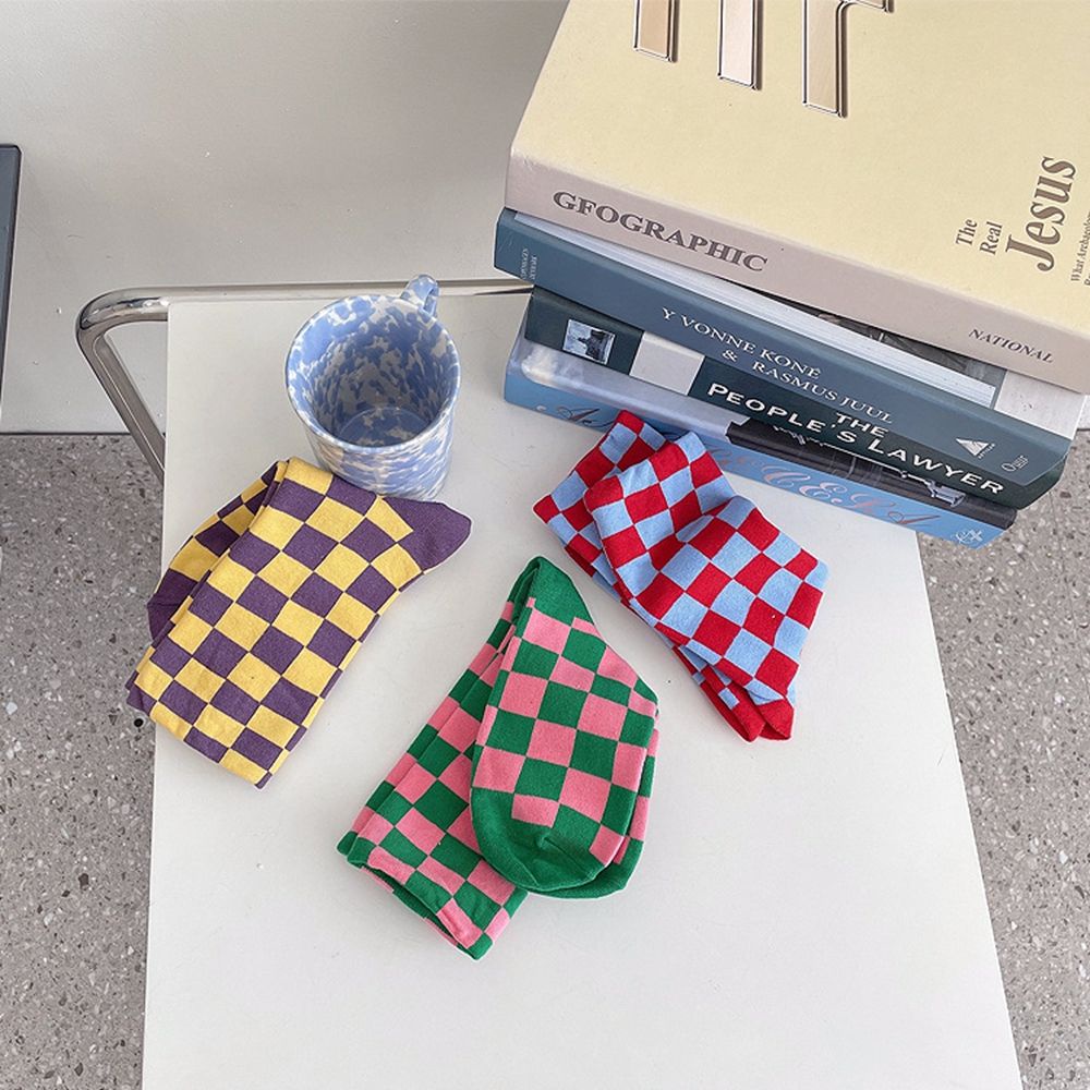 Vớ cotton cổ vừa thoáng khí in họa tiết caro phong cách Harajuku Nhật Hàn ngọt ngào cho nữ