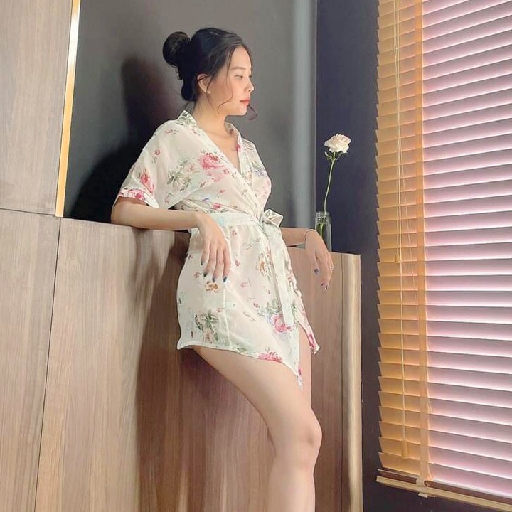 Áo choàng ngủ xuyên thấu sexy kiểu kimono in hoa văn độc đáo hàng nhập cao cấp