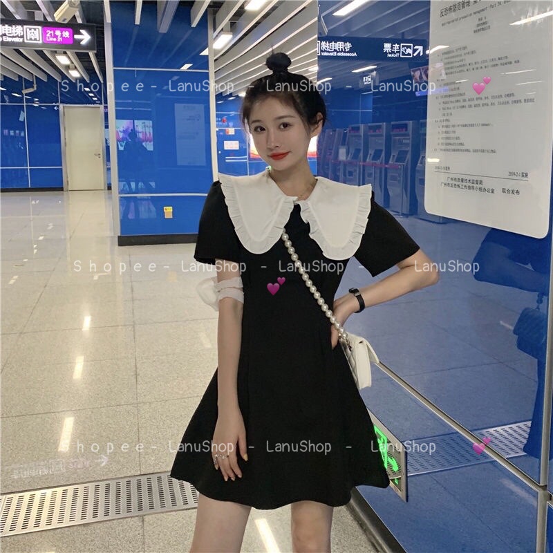 Váy xoè nhẹ cổ sen xinh yêu, Đầm xuông A phối cổ trắng