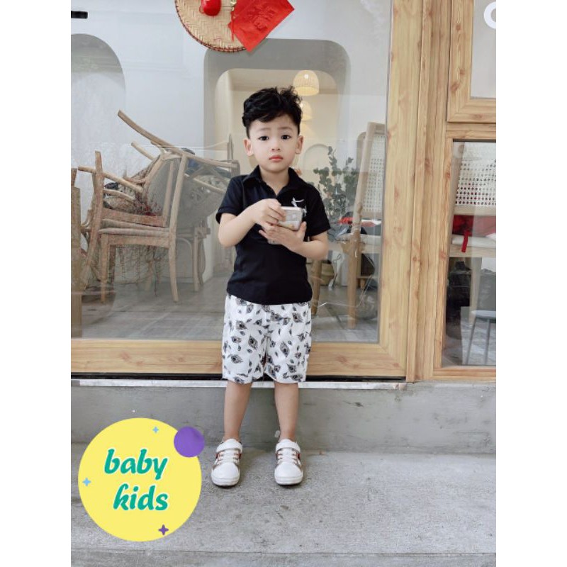 Bộ đại áo pull cổ bẻ + quần hoa cho bé trai 24-34 kg