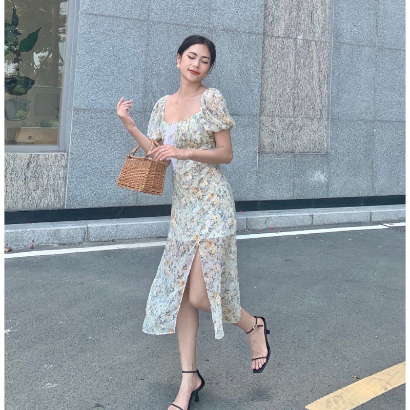 Đầm voan hoa thêu nhún ngực, xẻ tà, dáng xoè - AUDREY STUDIO | BigBuy360 - bigbuy360.vn