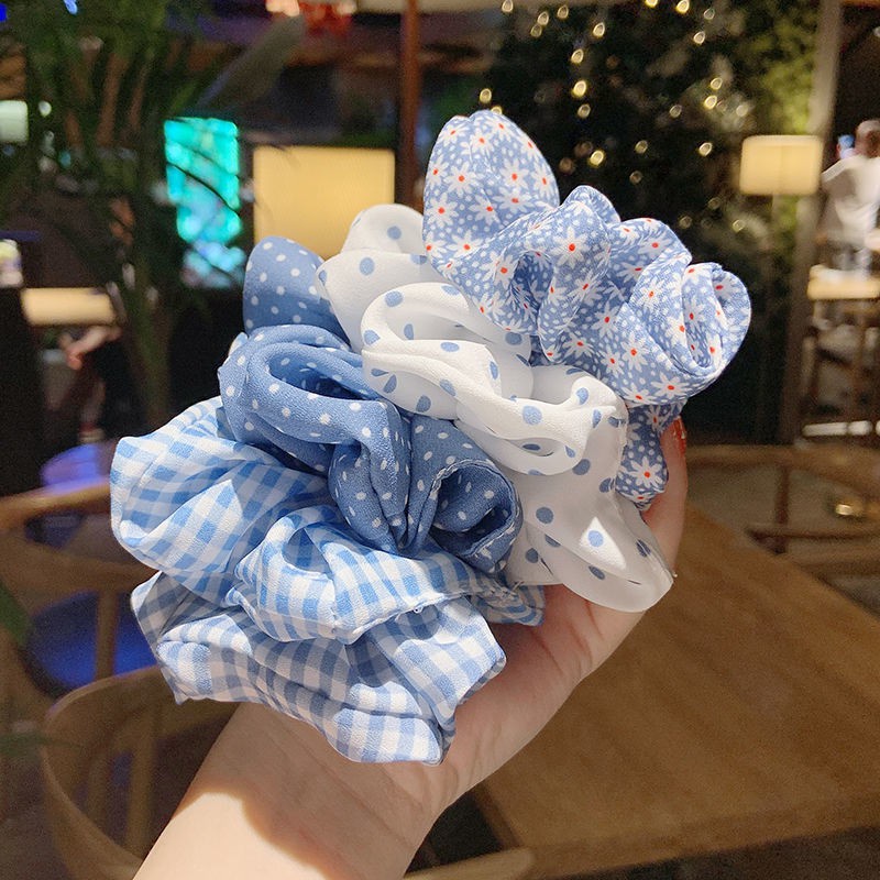 Dây buộc tóc scrunchie xanh caro phong cách thời trang Hàn Quốc