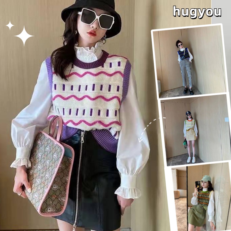 Áo sát nách dệt kim cổ tròn kẻ sọc màu sắc retro thời trang