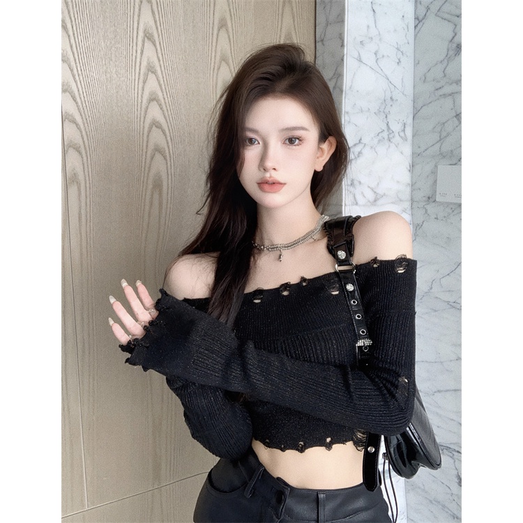 Áo sweater Dệt Kim Mỏng Màu Trơn Trễ Vai Thiết Kế Rách Cá Tính