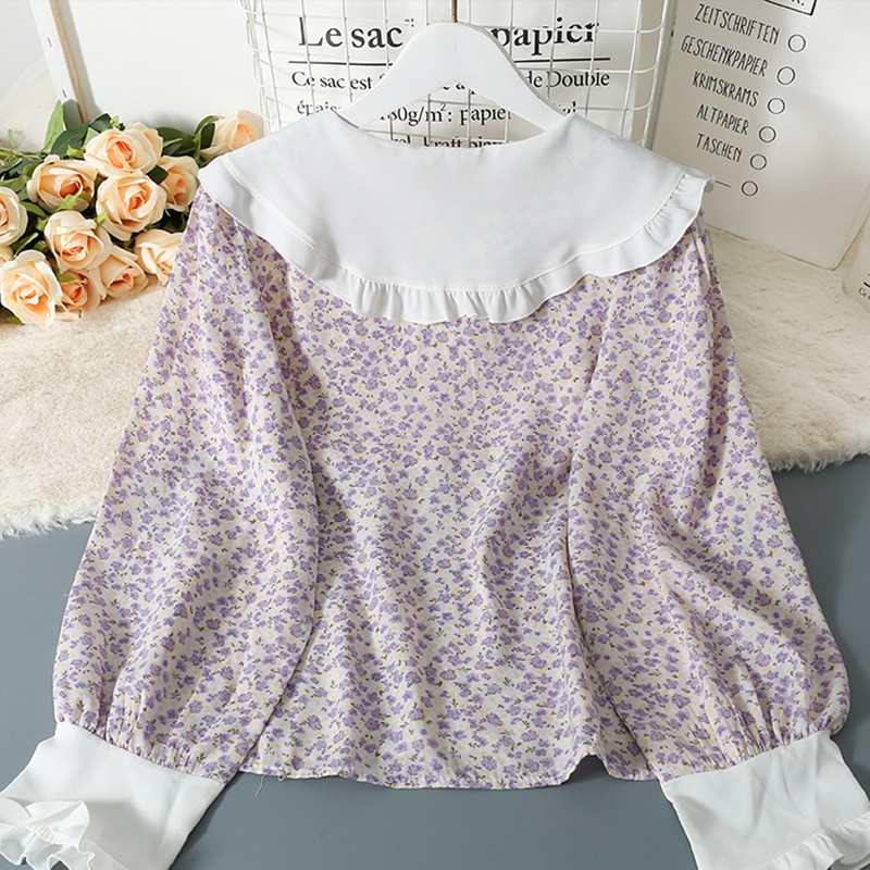 IELGY Áo Kiểu Tay Dài Cổ Chữ V Phối Ren Màu Sắc Tương Phản Phong Cách retro Dành Cho Nữ