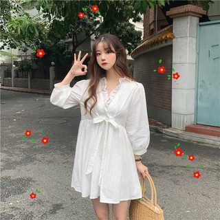 Đầm cổ V bèo đai eo