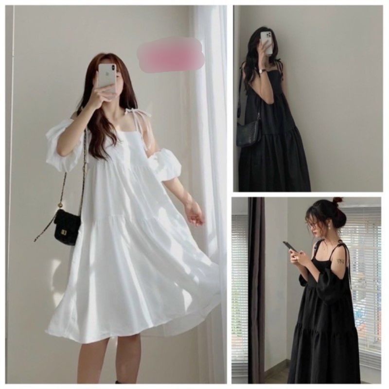 Đầm Maxi Babydoll 3 Tầng Mặc Đi Biển, Váy 2 Dây Hai Màu Đen Trắng
