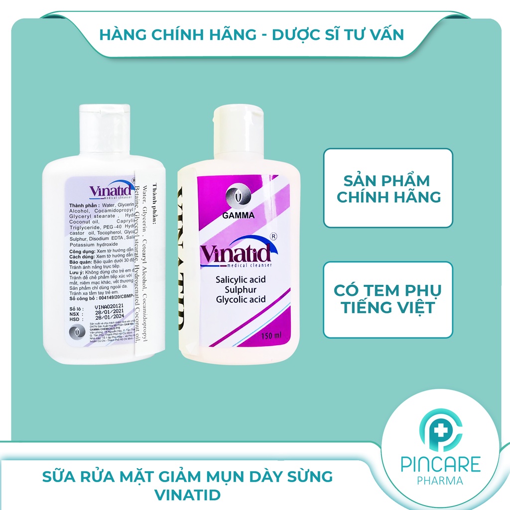 Sữa rửa mặt &amp; Tắm gội Vinatid Gamma 150ml cho da mụn - Hàng chính hãng - Nhà thuốc PinCare