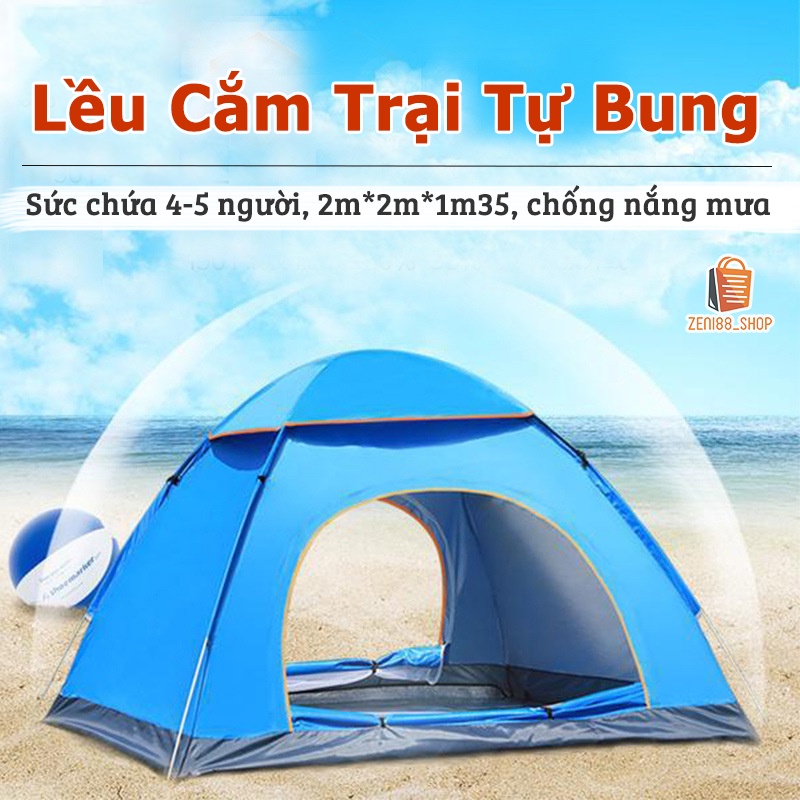 Lều cắm trại tự bung LOẠI DÀY, liều cắm trại dã ngoại 4-5 người có 2 cửa cực thoáng, chống nắng, chống mưa, chịu lực tốt