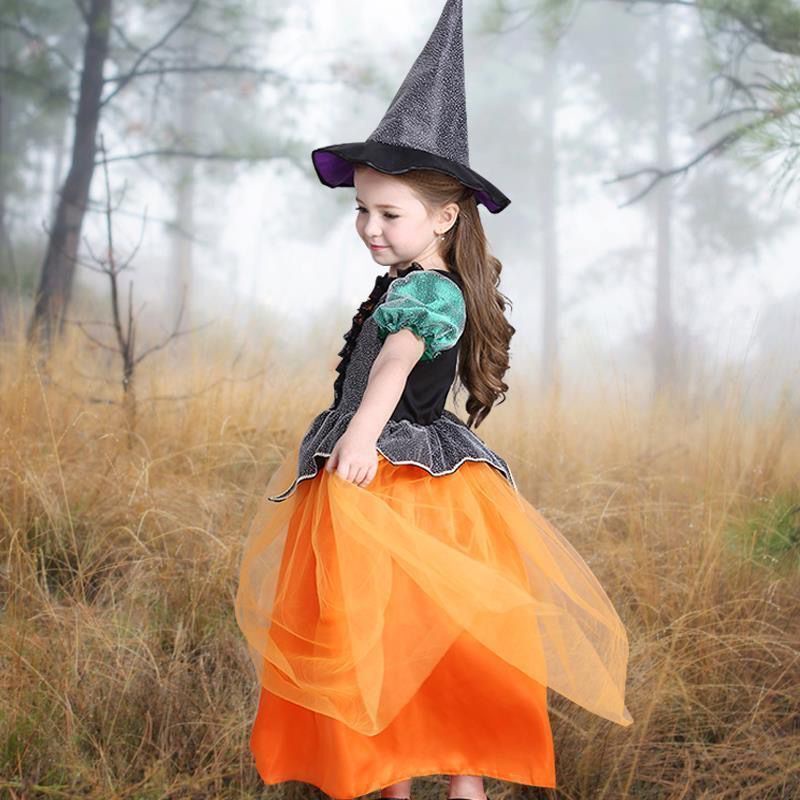 Đầm Hóa Trang Halloween Nhân Vật Phù Thủy Bí Ngô Cỡ 90-160 Cho Bé Gái