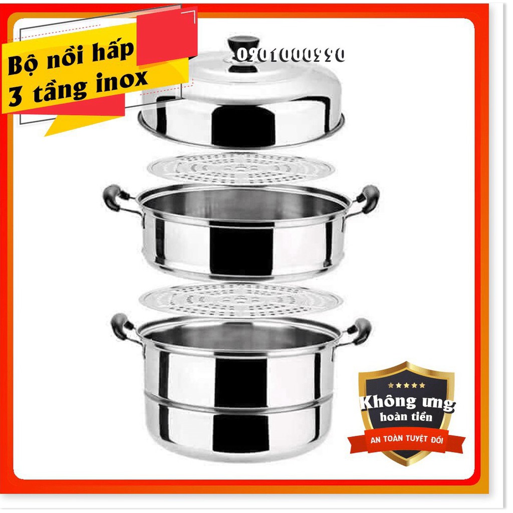 ⚡RẺ VÔ ĐỊCH⚡Nồi hấp 3 tầng đa năng inox cỡ lớn size 28cm, hấp bánh bao, xôi...sử dụng bếp từ