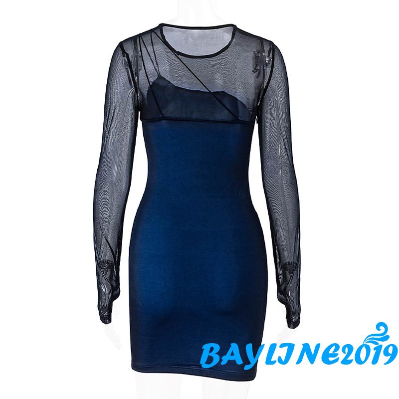 Đầm Tay Dài Cổ Tròn Phối Lưới Xuyên Thấu Ôm Dáng Quyến Rũ Cho Nữ