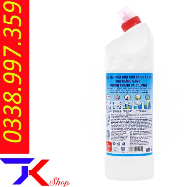 Gel tẩy bồn cầu và nhà tắm VIM trắng sáng hương chanh sả dịu mát 880ml