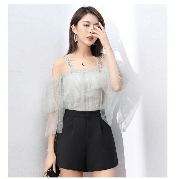 Quần shot nữ cạp lưng cao mặc ở nhà chất vải mưa trơn ống rộng kiểu dáng - Quần đùi nữ mặc nhà xuất hàn mặc mùa hè