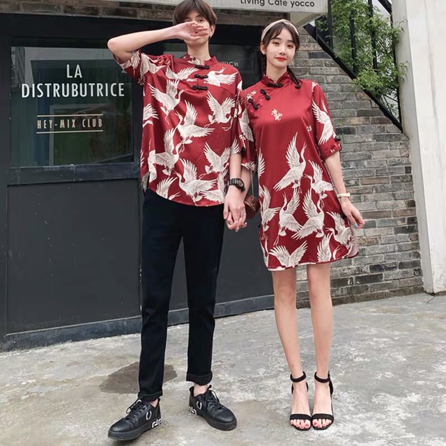 Set đồ đôi couple chim hạc trắng áo váy đỏ cực sang chảnh