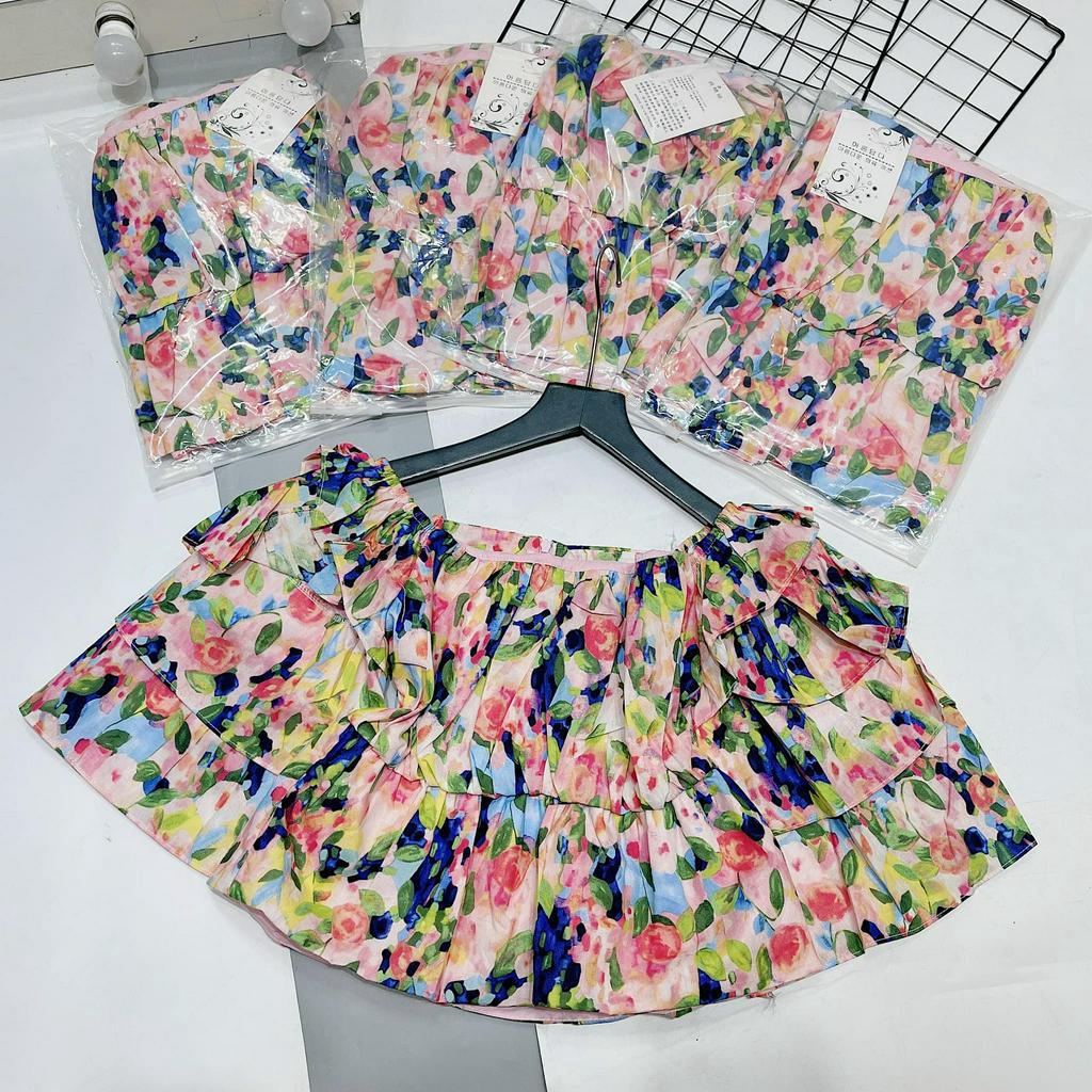 Áo hoa trễ vai tay tầng 2 lớp hót