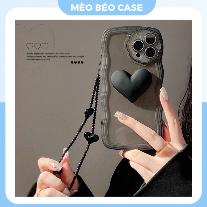 (SIÊU RẺ) Ốp lưng iphone không kèm dây đeo viền sóng đen tim nổi 7plus/8/8plus/x/xr/xs/11/12/13/pro/max/plus/promax