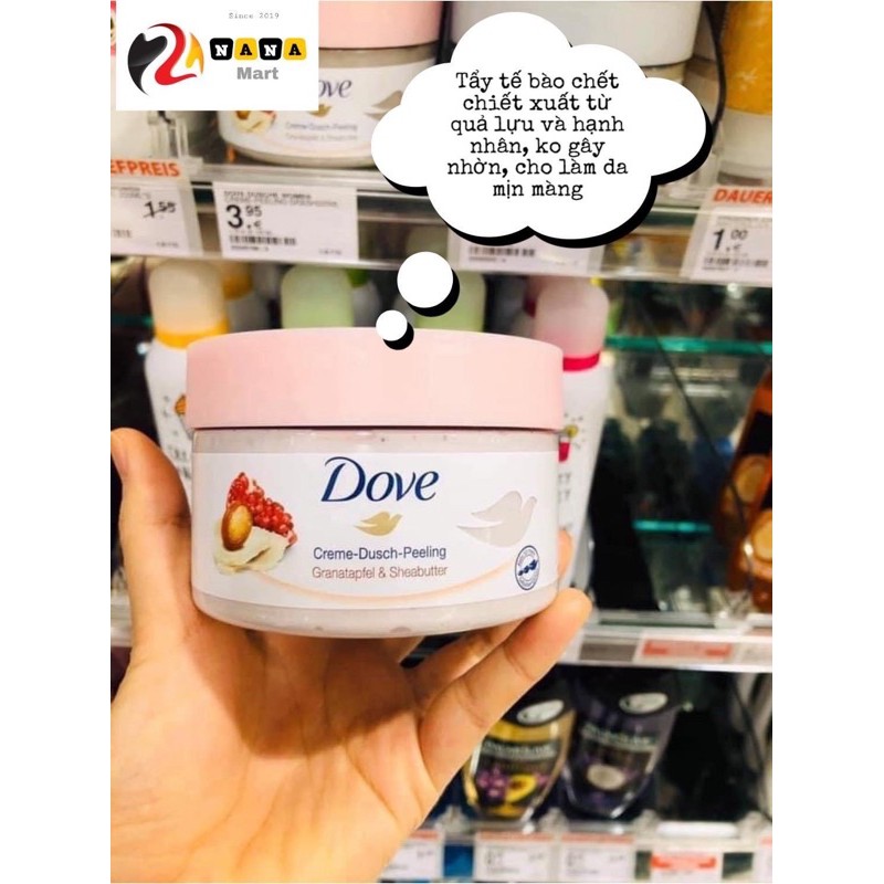 Sữa tắm Tẩy da chết Dove Creme-Dusch-Peeling Macadamia & Reismilch