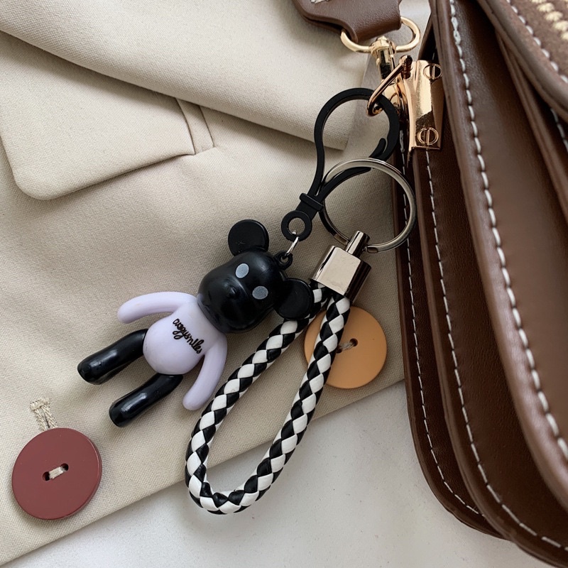 Móc khóa gấu Popobe Trắng đen (Kèm dây da) phụ kiện xinh cho túi xách balo