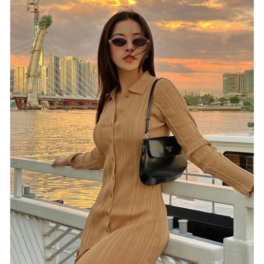 (SẴN) Váy POLO hàng nút len gân tay dài freeship