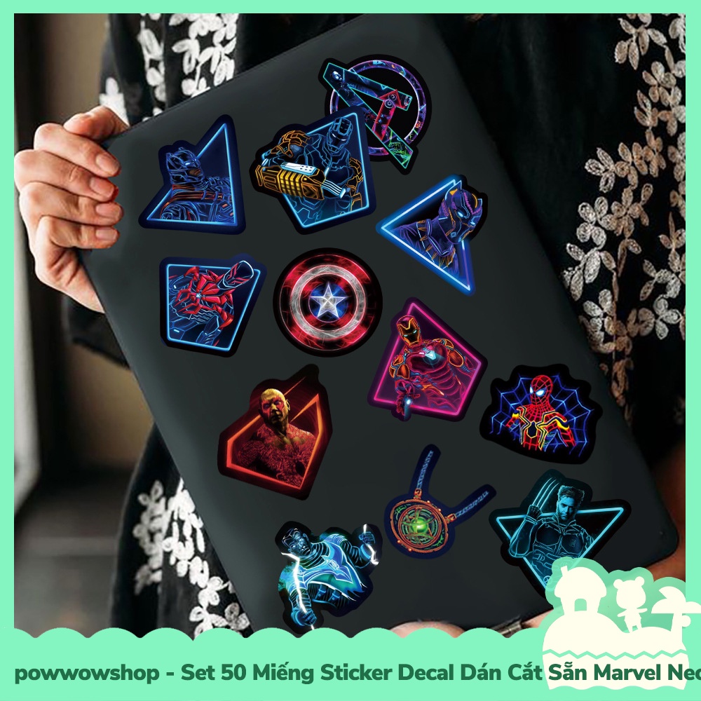 [Sẵn VN - Hỏa Tốc] Set 50 Miếng Sticker Decal Cắt Sẵn DIY Dán Trang Trí Vật Dụng Mẫu Marvel Superheroes Neon Style Stage