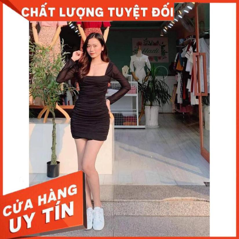 [SANG TRỌNG] -  Đầm Body Cổ Vuông Lưới Mịn (ĐEN)