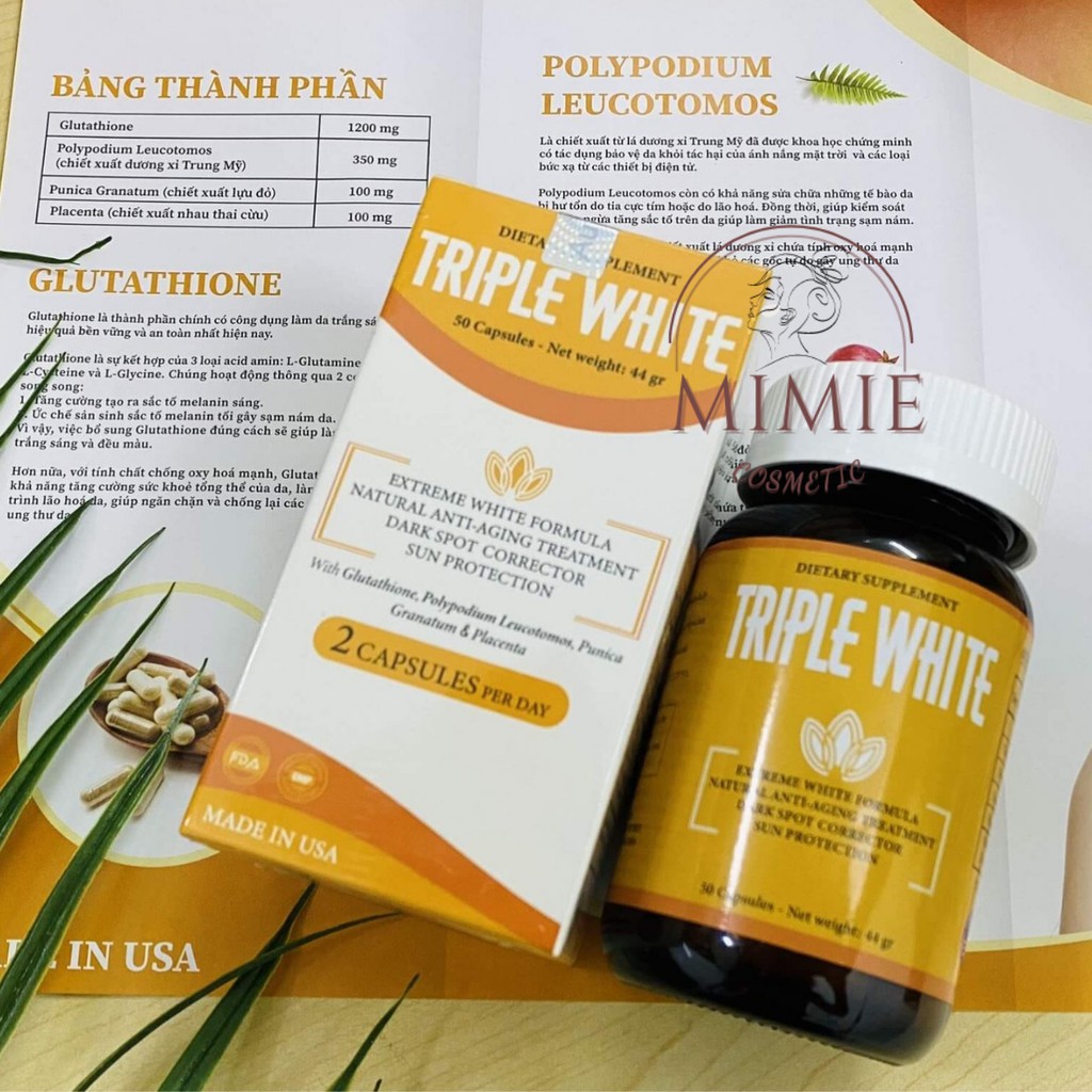 [CHÍNH HÃNG] VIÊN UỐNG TRIPLE WHITE - VIÊN UỐNG GLUTATHION 1200MG TRẮNG DA, MỜ NÁM, GIẢM THÂM HỘP 50 VIÊN | Thế Giới Skin Care