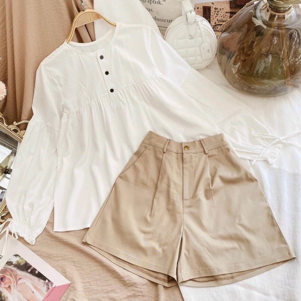 Set Babydoll Dài Tay Short Be 💙 HD Clothings 💙 Bộ áo kiểu tiểu thư bánh bèo kèm quần sooc ống rộng cạp cao basic Ulzzang