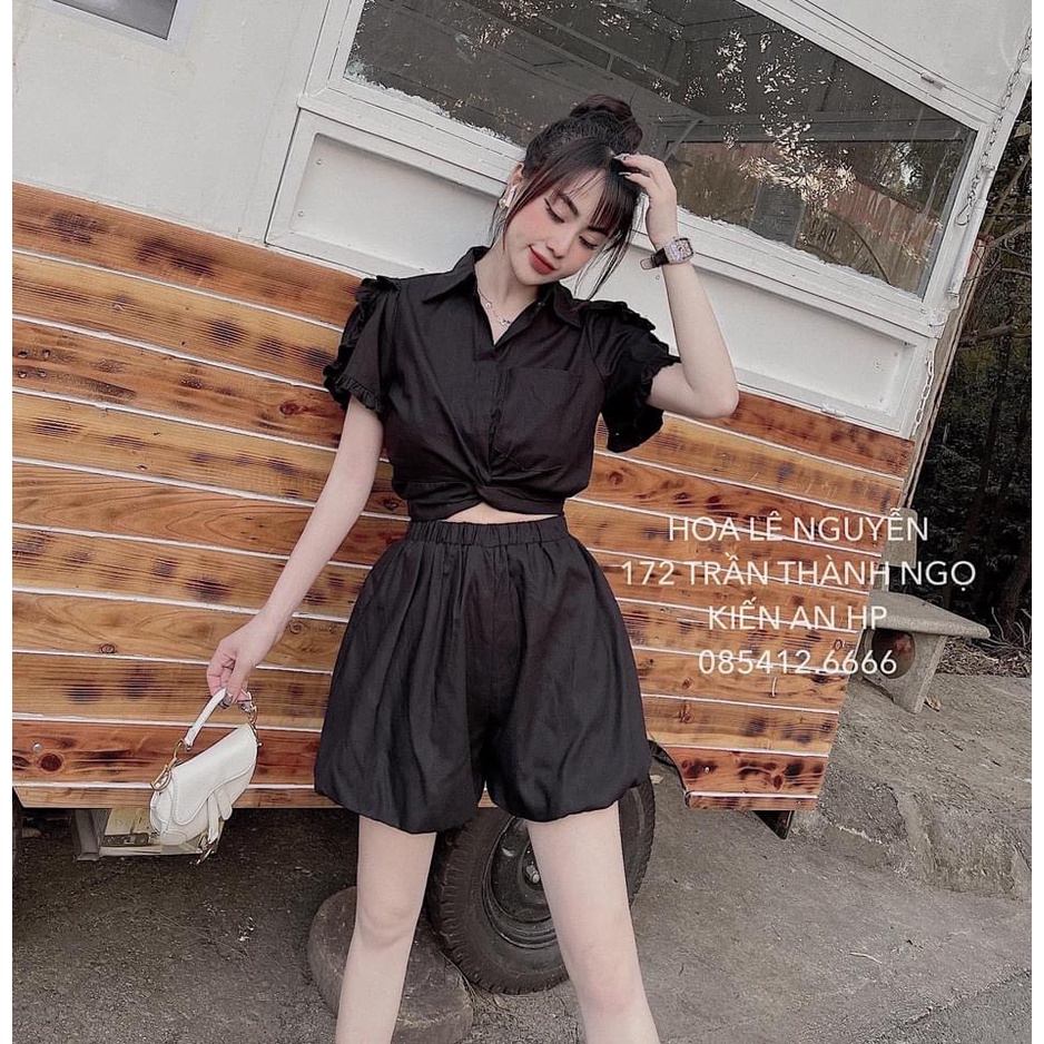 Set bộ đũi croptop tay bồng soắn bụng quần đùi bồng HO423