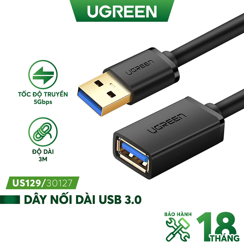 Dây nối dài USB 3.0 mạ vàng dài từ 1-3m UGREEN US129 dây dạng dẹt và tròn