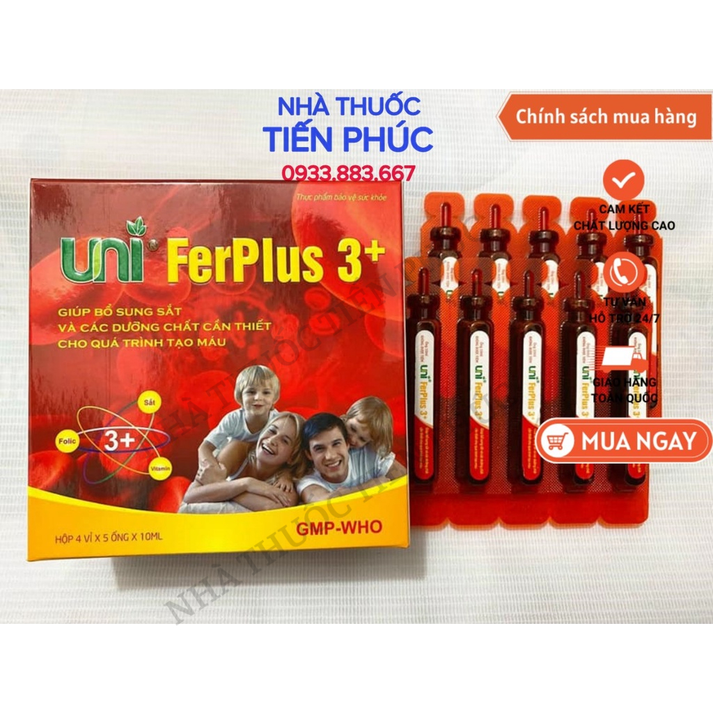 Uni FerPlus 3+ - Bổ sung sắt, các dưỡng chất cần thiết cho quá trình tạo máu, sắt nước cho mẹ va bé Hộp 20 ống