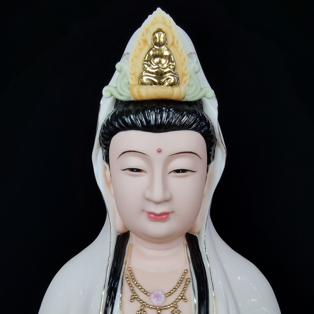 Tôn Tượng Quan Âm Ngồi  Áo Phối Đỏ Bằng Sứ Đức Hóa Cao Cấp - Phật Giáo Tường Thuận