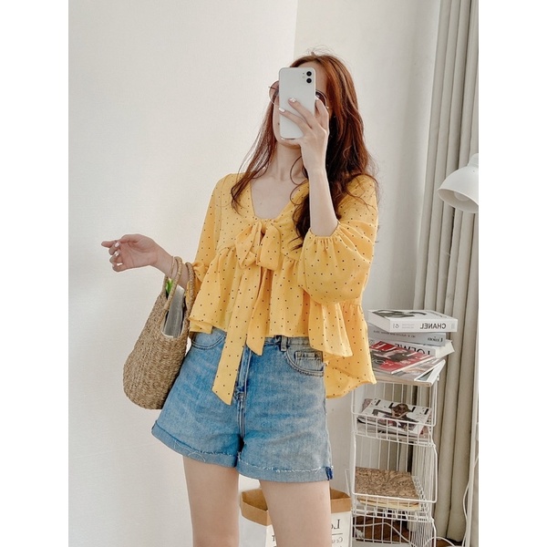 Áo babydoll chất voan hoa nhí cute cột nơ ngực MIEU - HN27