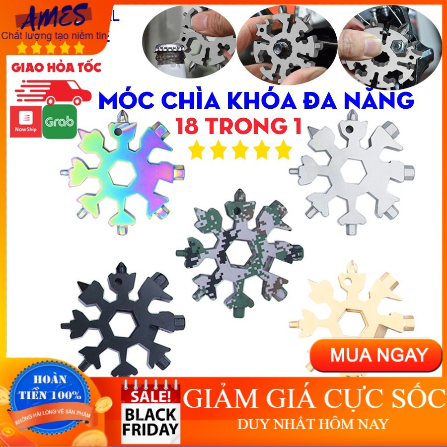 Móc chìa khóa bông tuyết 18 in 1 đa năng độc lạ, không gỉ sét, độ bền cao, có 5 màu cực đẹp - AMES SHOP