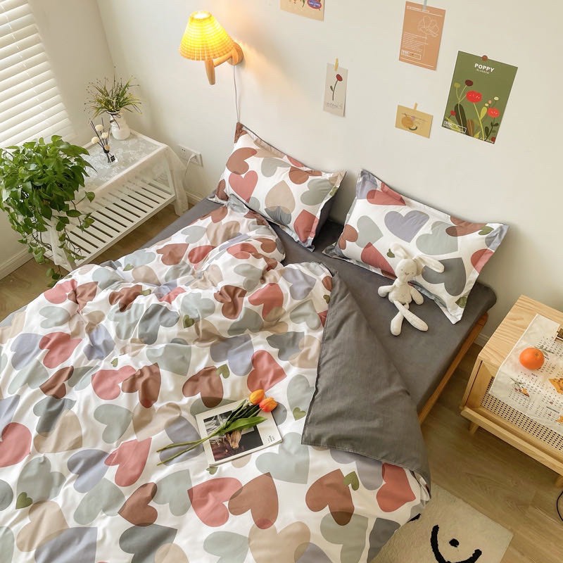 Bộ chăn ga gối Cotton 3D - Mẫu trái tim đỏ.