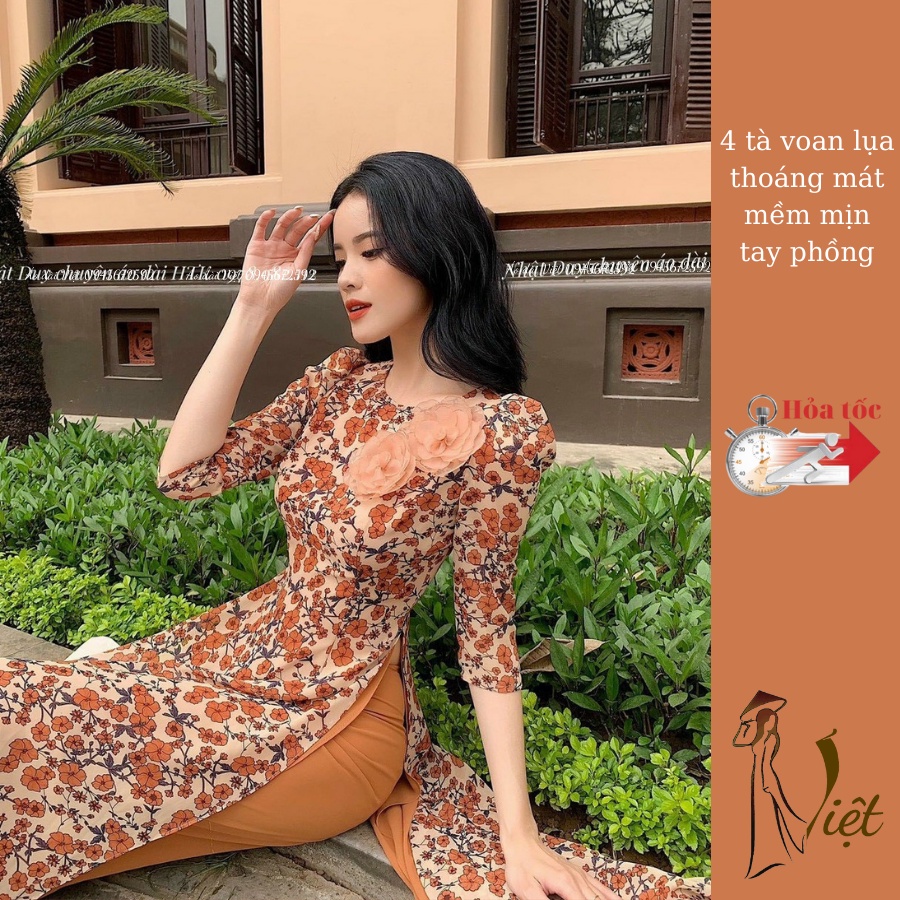 Áo dài hoa nhí 4 tà tay phồng truyền thống giáo viên đi dạy công sở màu nâu cam may sẵn voan lụa cao cấp