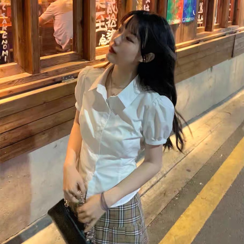 SUXI Áo Tay Ngắn Phồng Ngắn Màu Trơn Ôm Eo Thời Trang Xuân Hè Cho Nữ