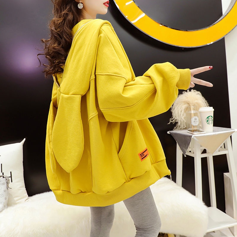 Áo khoác cardigan có mũ trùm tai thỏ thời trang mùa thu hàng mới Hàn Quốc 2021 dành cho bạn nữ