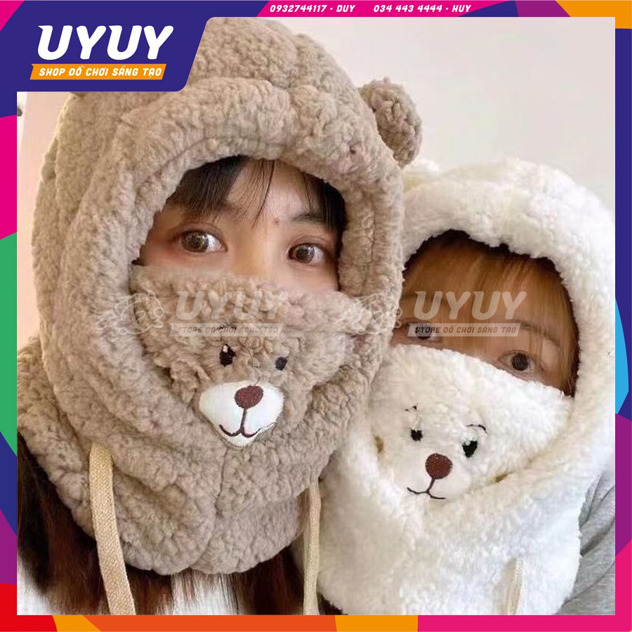 Mũ Lông Hình Gấu Bear Dễ Thương Trùm Đầu Kết Hợp Khẩu Trang