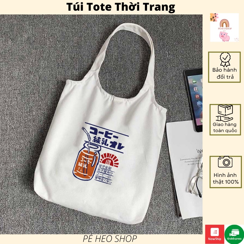 Túi Tote In Trà Sữa Nhật Bản TT12 Vải canvas Hàn Quốc có khóa kéo miệng và Túi Mini bên trong - PÉ HEO SHOP