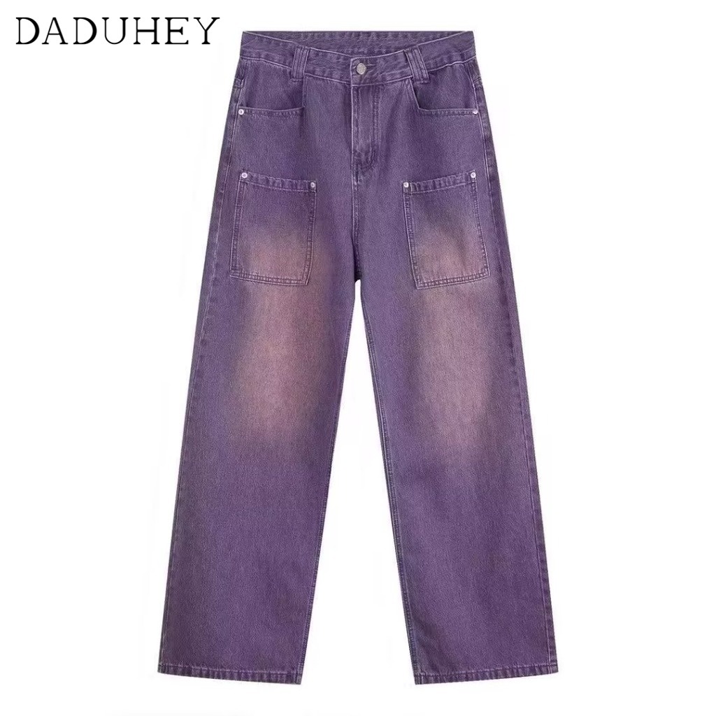 Quần jean ống rộng thẳng lưng vừa màu tím phong cách hip hop đường phố thời trang cho nam nữ