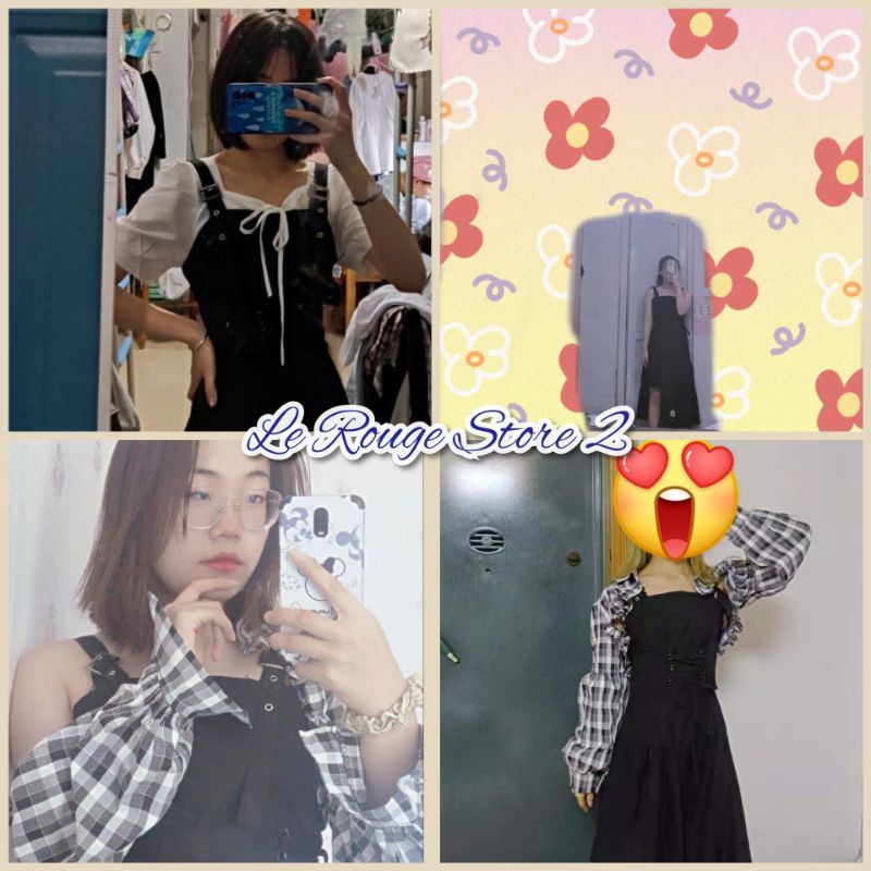 Set áo thun trắng dài tay + váy yếm hai dây vạt chéo hách dáng đan dây bên hông có size