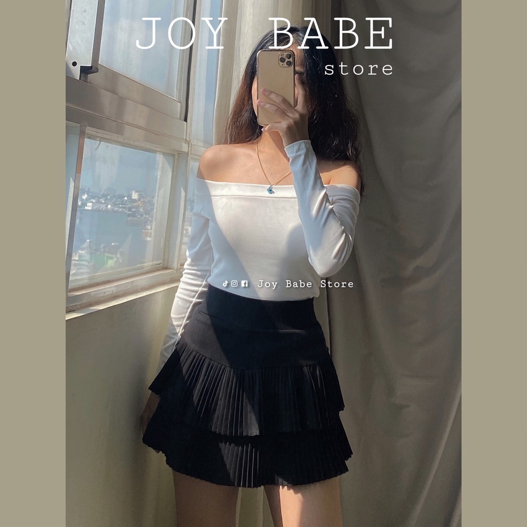 Áo croptop trễ vai tay dài trơn JOY BABE 🌾style nhẹ nhàng, thun xịn co giãn êm Forever 21🍁 áo kiểu bẹt hở vai CROD 4 -2D
