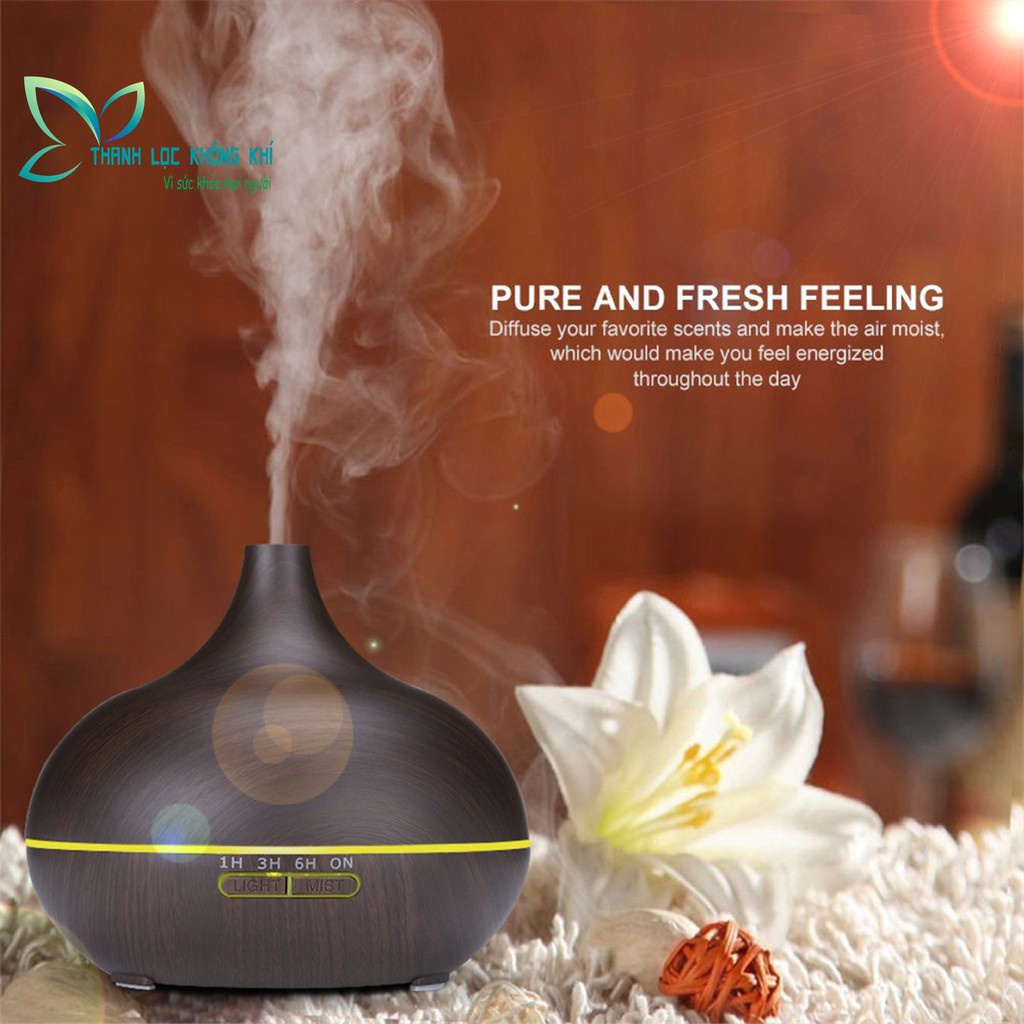 Máy Khuếch Tán Phun Sương Tạo Hương Thơm Cho Phòng Ngủ Máy Xông Tinh Dầu Cổ Cao 550ML Màu Vân Gỗ Đèn LED Đổi Màu