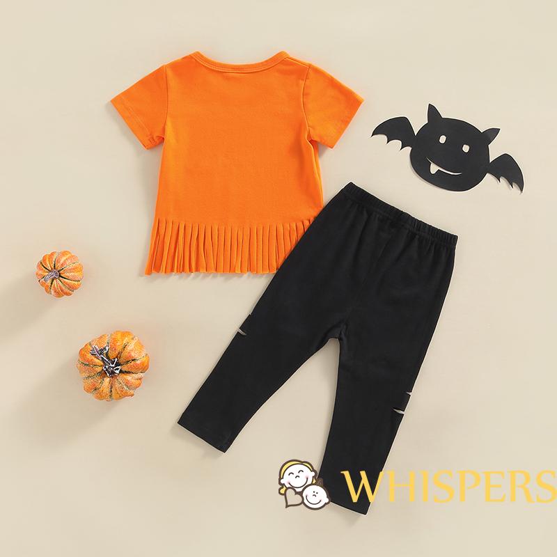 Set Đồ Halloween 2 Món Gồm Áo Thun Tay Cộc In Họa Tiết Bí Ngô + Quần Rách Tua Rua Cho Bé Gái 1-5 Tuổi