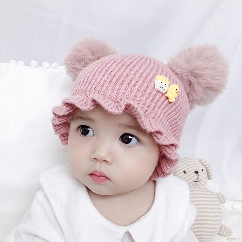 Mũ trùm đầu đính quả cầu lông gắn phụ kiện hoạt hình thời trang dễ thương cho bé