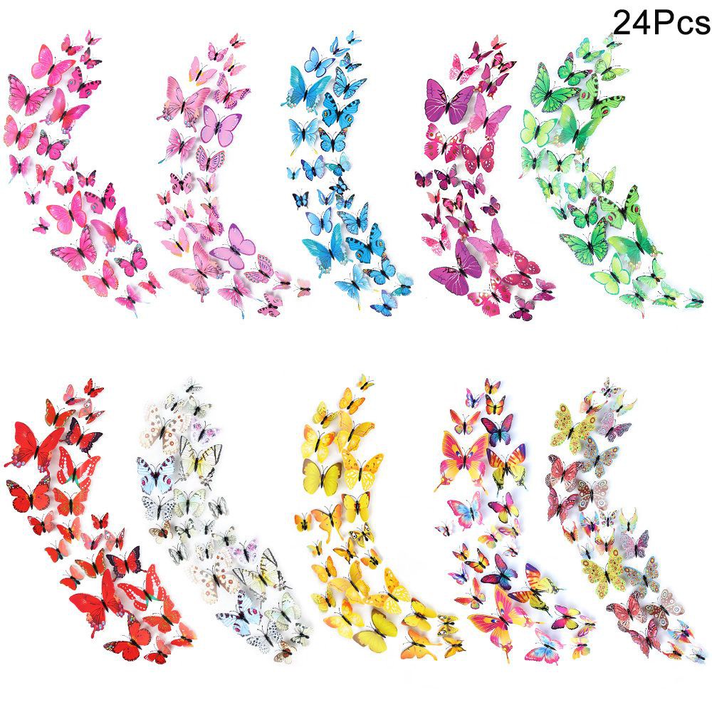 Set 24 Miếng Dán Tường / Tủ Lạnh Hình Bướm 3d Nhiều Màu Độc Đáo Trang Trí Nhà Cửa Diy
